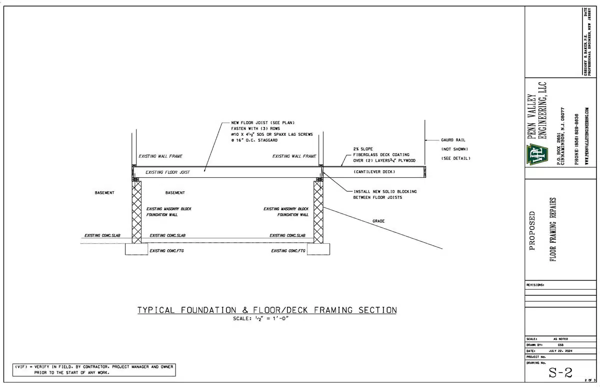 Exterior deck blueprint showing repair plan.