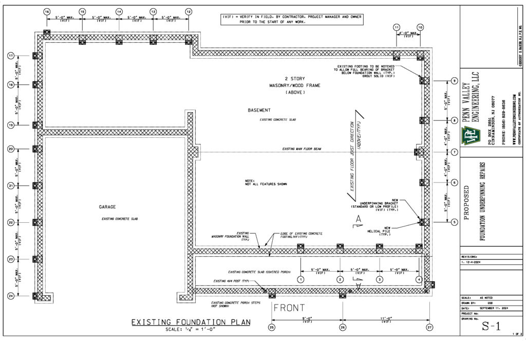 Blueprint showing foundation repair using underpinning and helical piles.