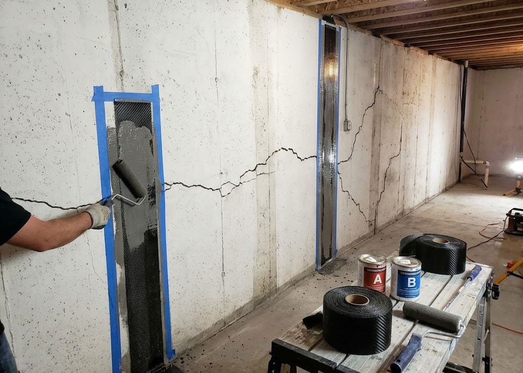 Basement repair with carbon fiber system